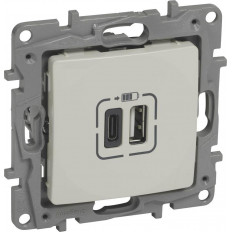 Розетка 2хUSB за зареждане тип A+C 3A 15W цвят Крем Niloe Legrand