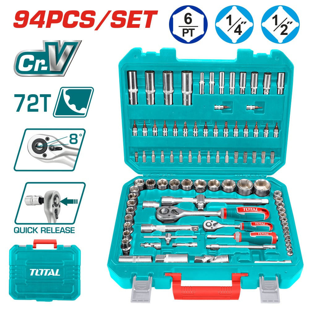 Комплект инструменти TOTAL INDUSTRIAL, 1/4" + 1/2", 94 части Комплект инструменти TOTAL INDUSTRIAL, 1/4" + 1/2", 94 части