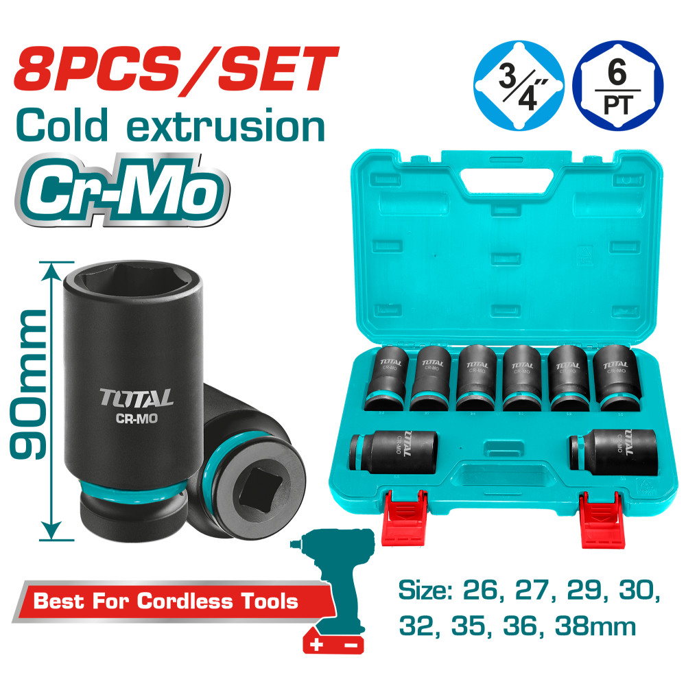 Комплект удължени шестостенни ударни вложки TOTAL, CrMo, 3/4", 8 части
