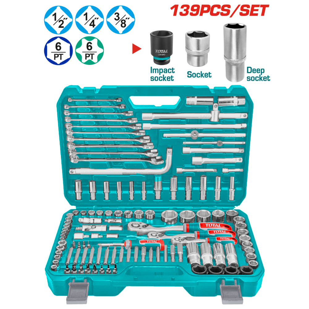 Комплект инструменти TOTAL INDUSTRIAL, 1/2" + 1/4" + 3/8", 139 части Комплект инструменти TOTAL INDUSTRIAL, 1/2" + 1/4" + 3/8", 139 части