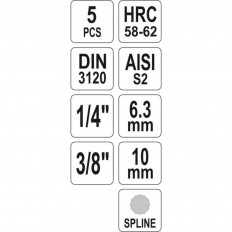 Комплект бит вложки 1/4 " + 3/8", XZN, YATO, 5 части