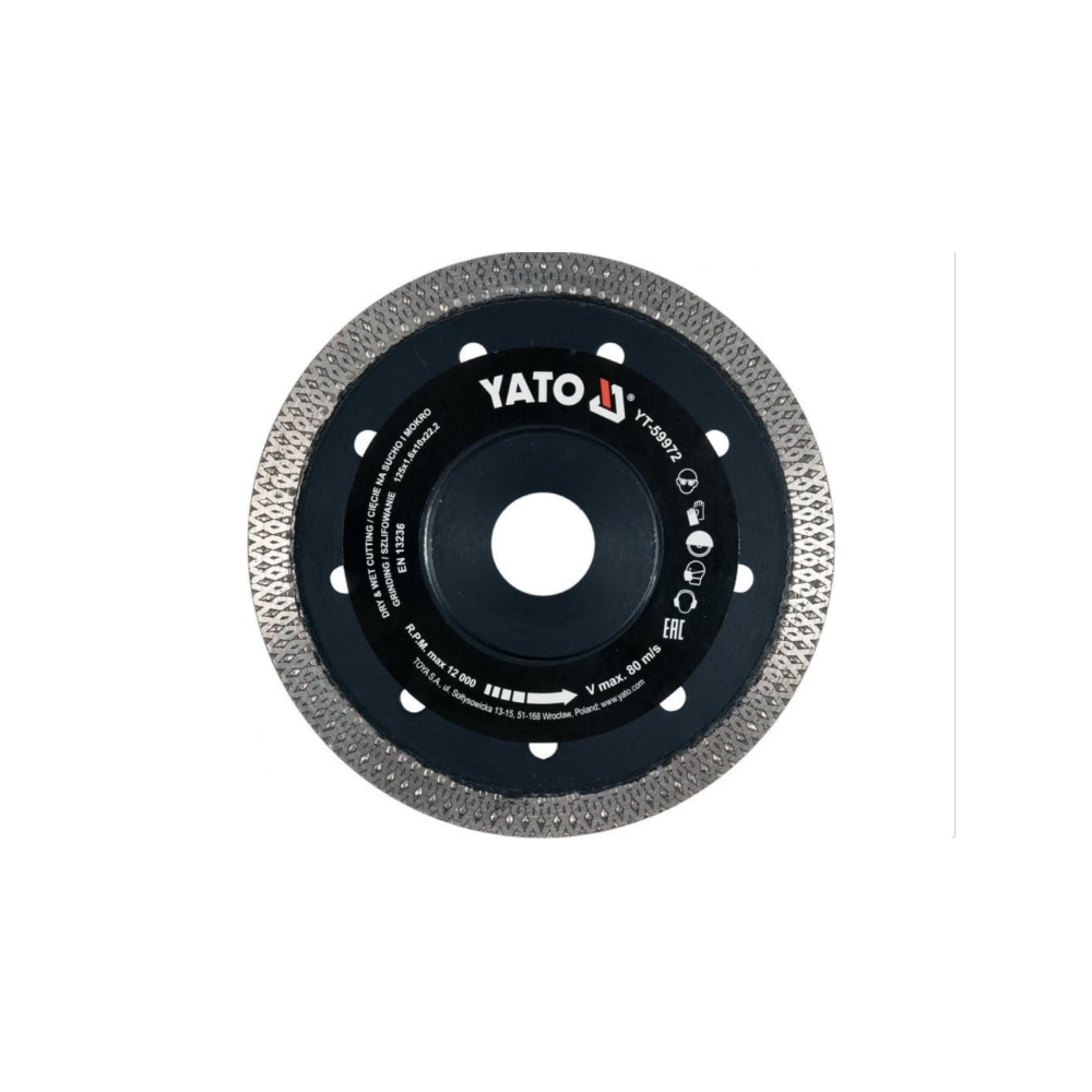 Диамантен диск за рязане и шлайфане на плочки YATO, 125 x 22.23 x 10 мм Диамантен диск за рязане и шлайфане на плочки YATO, 125 x 22.23 x 10 мм