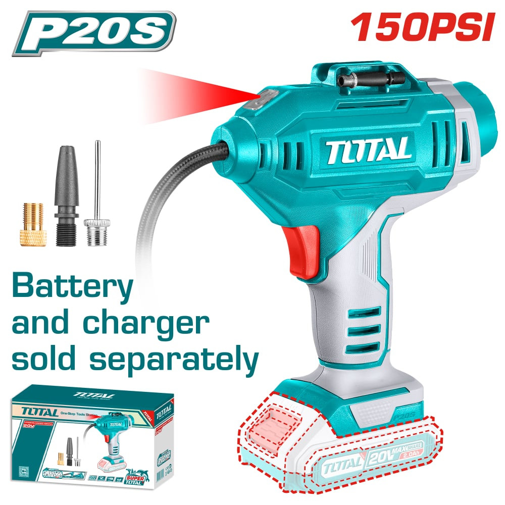 Акумулаторен компресор за гуми TOTAL, 20 V, 150 PSI, без батерия