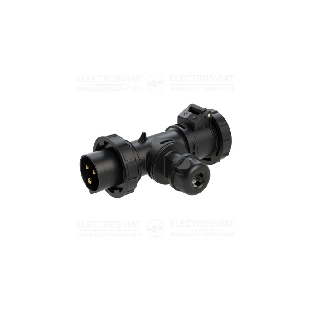 Т-КОНЕКТОР, ЩЕПСЕЛ+КОНТАКТ 2P+PE 230VAC, 16A, IP67, ЧЕРЕН