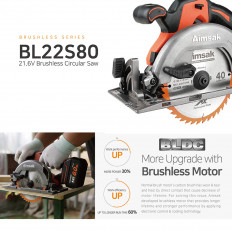 Акумулаторен безчетков циркуляр AIMSAK BL22S80, 22 V, 2 x 6 Ah, 165 мм