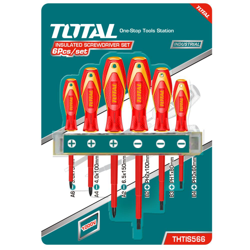 Комплект отвертки VDE 1000 V, CR-V, TOTAL INDUSTRIAL, 6 части Комплект отвертки VDE 1000 V, CR-V, TOTAL INDUSTRIAL, 6 части