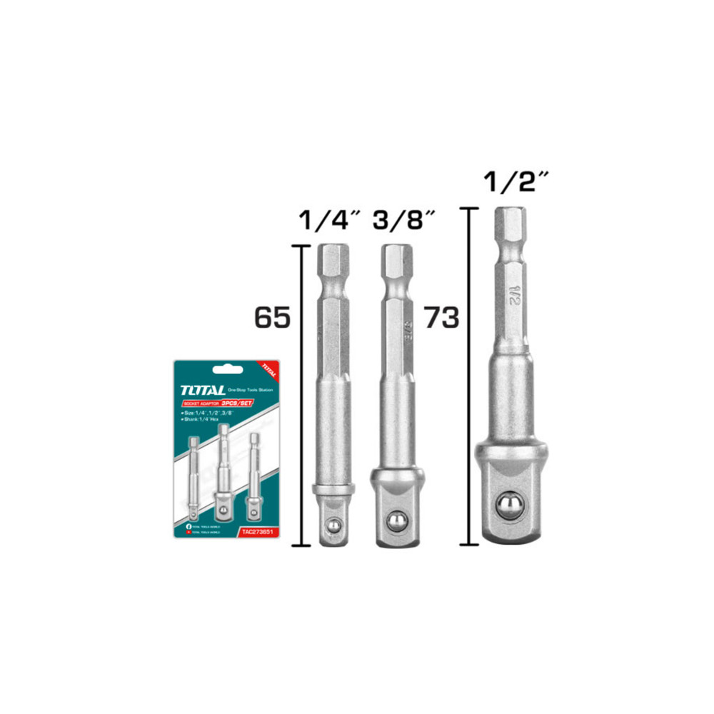 Комплект адаптори 1/4" за вложки, 1/4", 3/8", 1/2", TOTAL, 3 части Комплект адаптори 1/4" за вложки, 1/4", 3/8", 1/2", TOTAL, 3 части