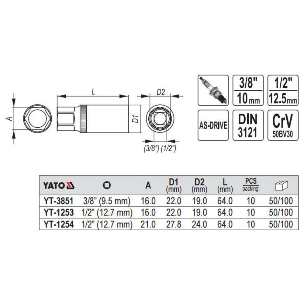 Вложка за свещи YATO, 1/2", SW 16 мм, 62 мм Вложка за свещи YATO, 1/2", SW 16 мм, 62 мм