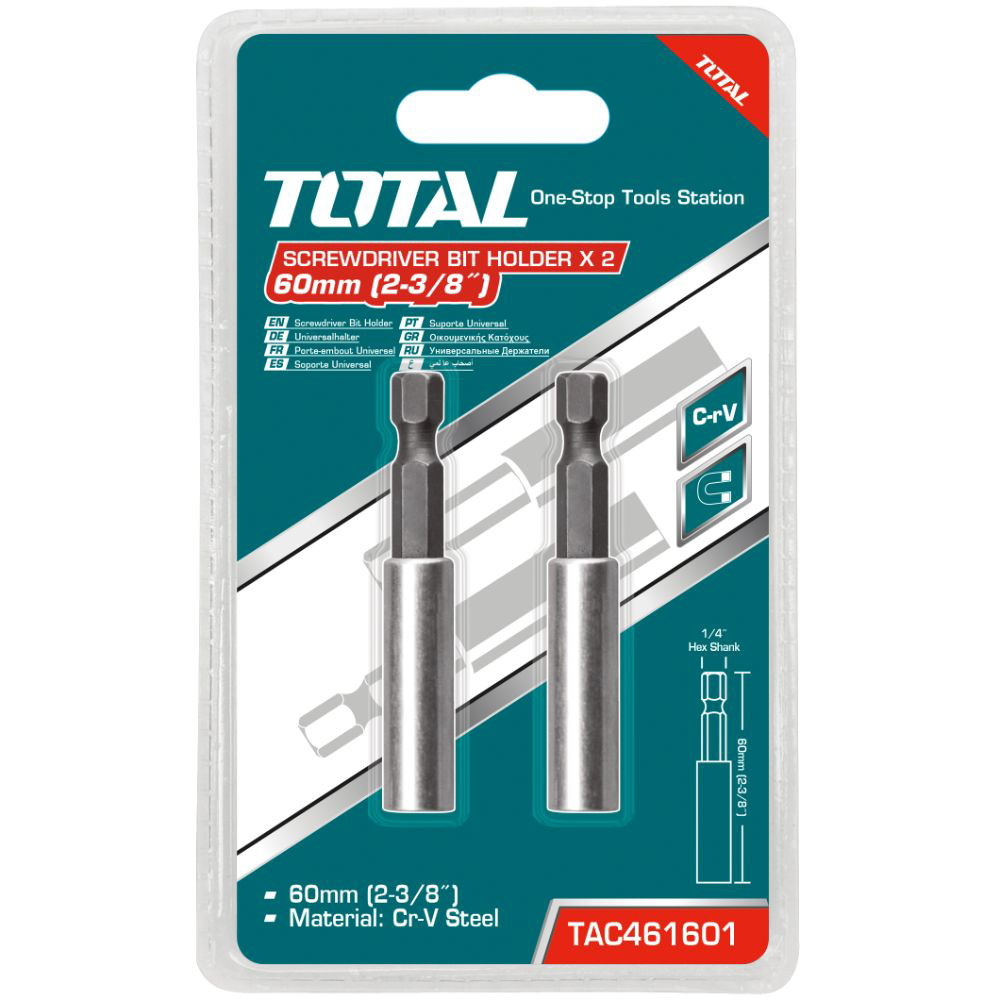 Бит държач магнитен TOTAL, 1/4", 60 мм, 2 броя Бит държач магнитен TOTAL, 1/4", 60 мм, 2 броя
